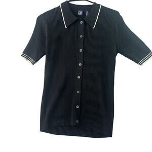 Gap Women’s Ribbed Short Sleeve Polo Top • Black with White Trim • Size L